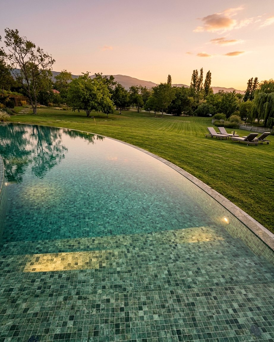 Piscine à débordement au coucher du soleil dans un grand domaine paysager