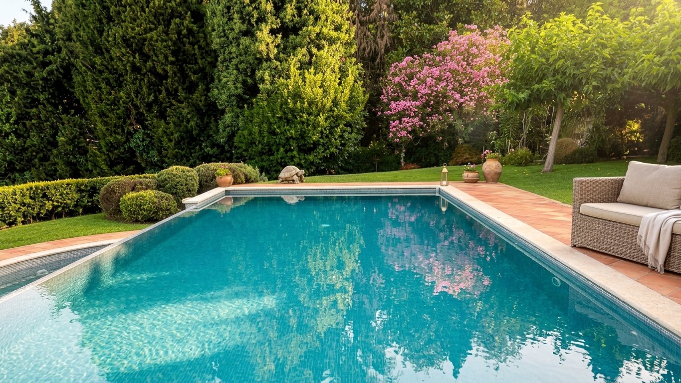 Piscine entourée d'un jardin fleuri et d'une pelouse entretenue