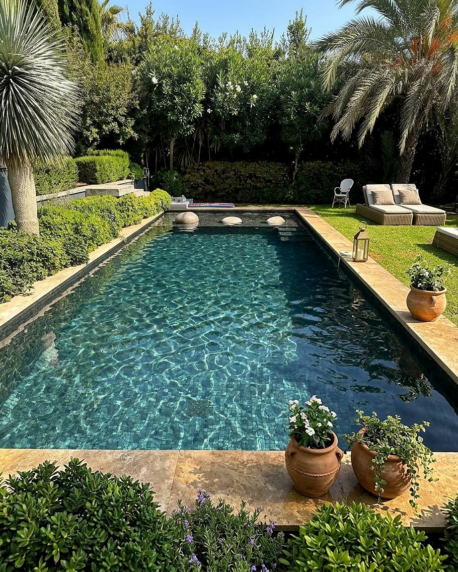 Jardin méditerranéen luxuriant avec palmiers et massifs arrosés