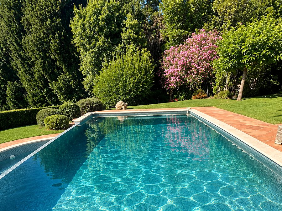 Jardin arboré et pelouse impeccable autour d'une piscine
