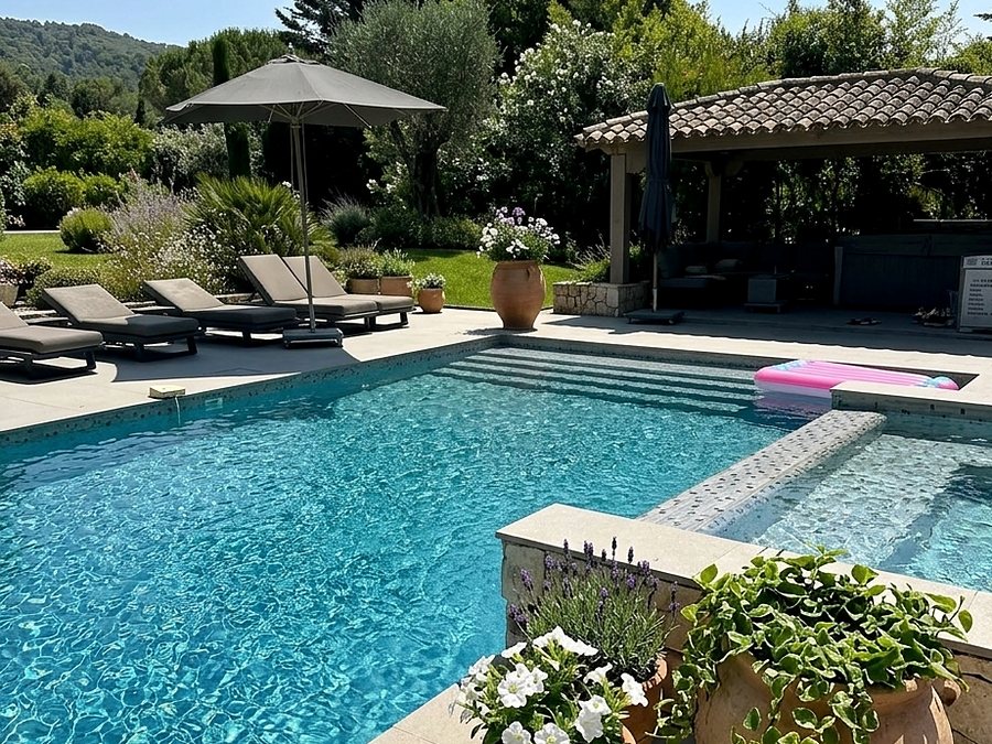 Piscine avec plage en pierre et pergola