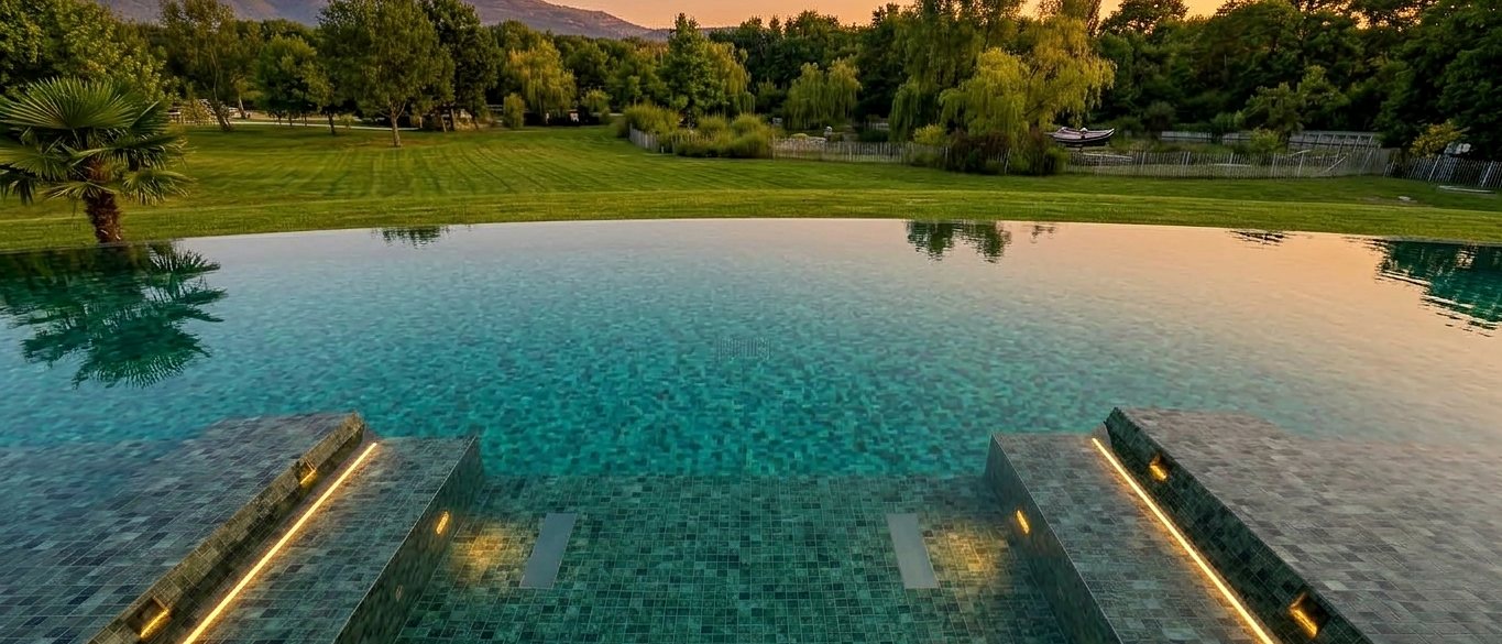 Piscine à débordement éclairée au crépuscule face à un parc